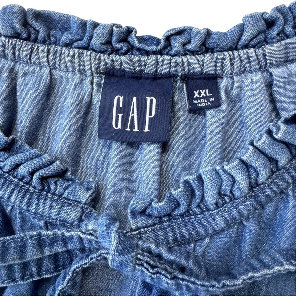 Gap Denim Dress Womens XXL Blue Cotton Ruffle Neck Tie Smocked Waist Long Sleeve - Picture 4 of 10